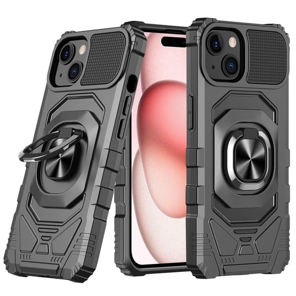 Slitesterk hardplastdeksel med myk innside og støtte for iPhone 15 Plus - Svart Red