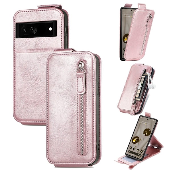Vertical Flip Phone Etui med Zipper til Google Pixel 7a - Rose Gull Pink