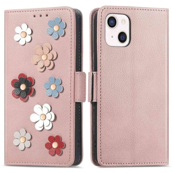 Soft flower decor leather case for iPhone 13 Mini - Rose Gold Pink