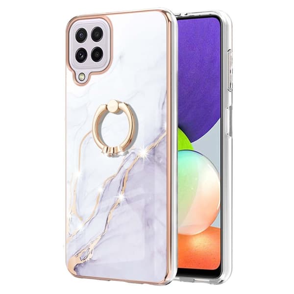 Marble Mønstret Cover med Ring Holder til Samsung Galaxy A22 4G / M32 - Hvid Marmor Haze White