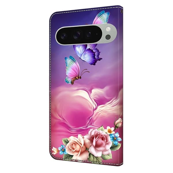 Google Pixel 9 Pro XL plånboksfodral mönstrat tryck stativ läder flip telefonskal - Blommig Fjäril Rosa