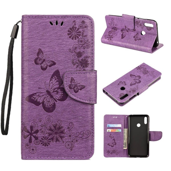 Huawei Y6 2019 sommerfugleprint på lædercover - lilla Purple