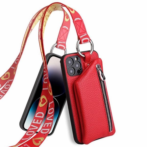 iPhone 14 Pro Max avtakbart skinndeksel med nøkkelbånd - Rød Red