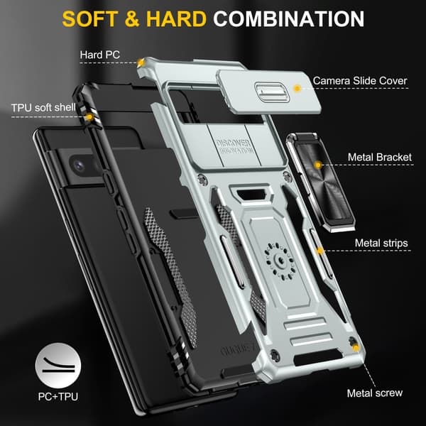 Armor Series Google Pixel 9 Pro XL Fodral Stöttåligt och flexibelt Kickstand-telefonskal med Camshield - Grå Silvergrå