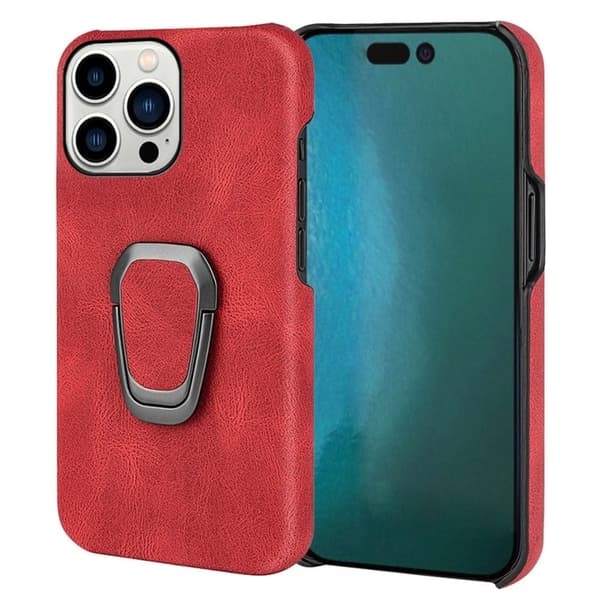 Shockproof Läder Skal med Oval Kickstand till iPhone 14 Pro Max - Röd Röd