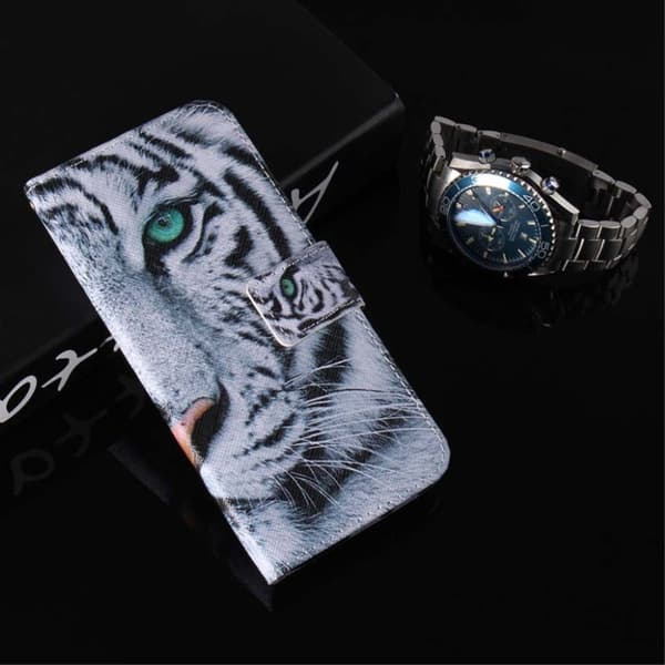 iPhone Xs Max flip cover i mønstret læder - Tiger Med Grønt Øje Multicolor