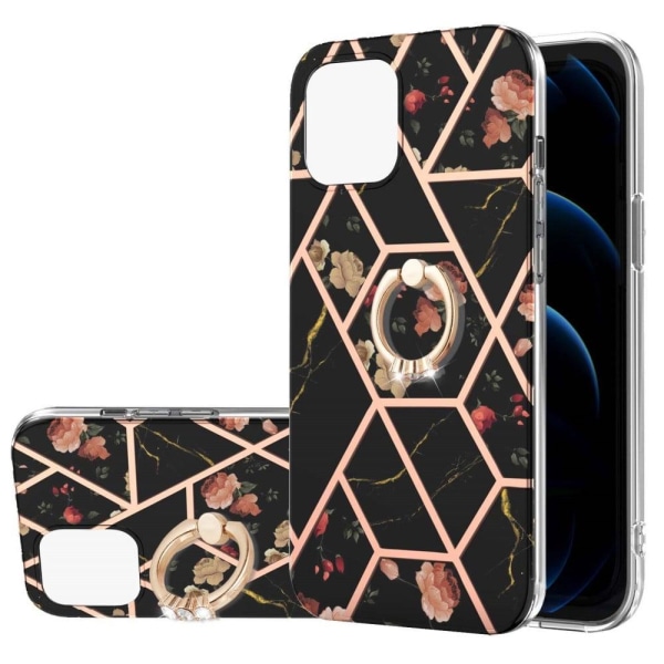 Marble Patterned Suojakuori With Ring Holder For iPhone 13 - Bla Black