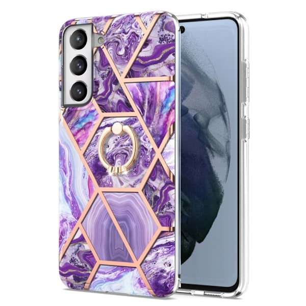 Marble Patterned Suojakuori With Ring Holder For Samsung Galaxy S21 FE - Tumma Violetti Purple
