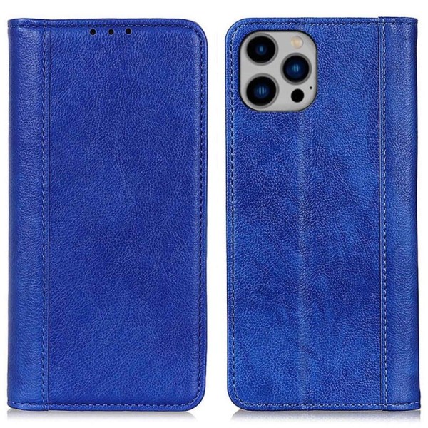 iPhone 14 Plus ægte læderetui med magnetisk lukning - Blå Blue