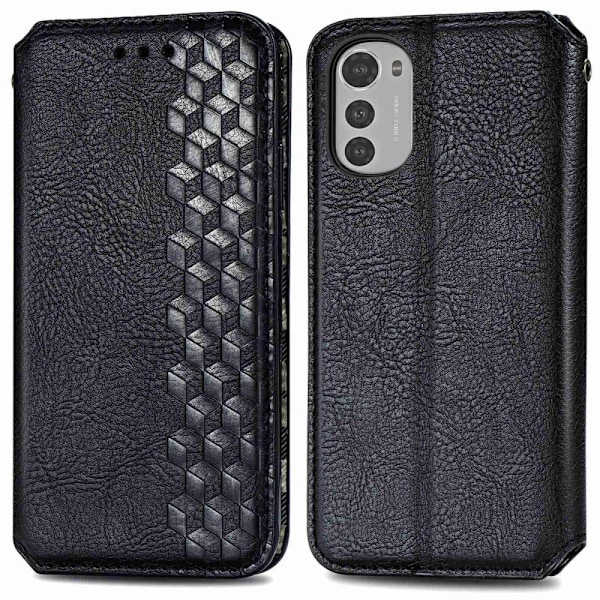 Læder Etui med A Stilfuldt Rhombus Tryk til Motorola Moto E32s / E32 / G22 - Sort Black