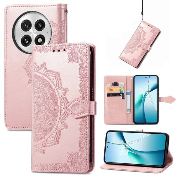 OnePlus 13 plånboksfodral Mandala Flower läderfodral för telefonstativ - Roséguld Rosa