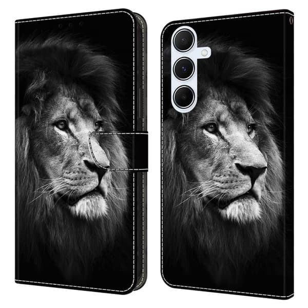 Samsung Galaxy S24 FE Plånboksfodral Mönster Tryck Stativ Läder Flip Telefonskal - Lejon Silvergrå