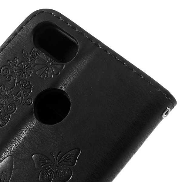 Huawei P9 Lite Mini imprinted sommerfugl Blomster PU læder flip etui - Sort Black