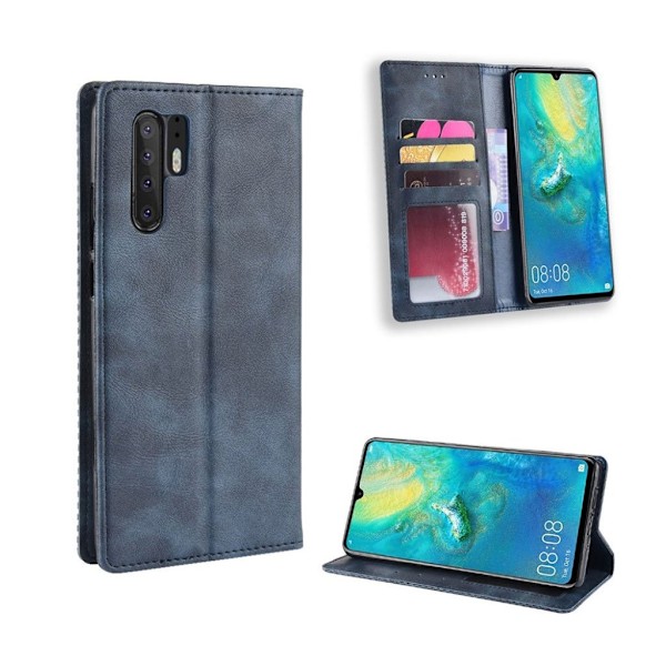 Huawei P30 Pro vintage stil læder flip etui - Blå Blue