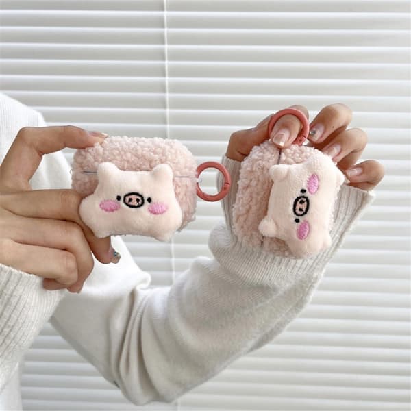 AirPods Pro sött fluffigt fodral i grisstil med spänne Rosa