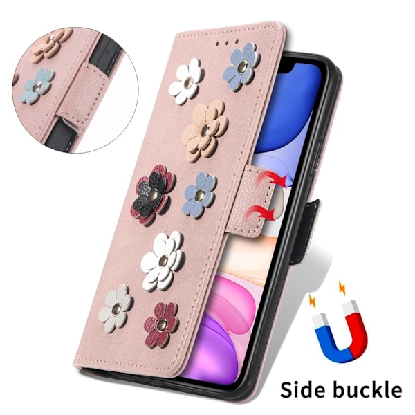 Blødt iPhone 11 Pro Max læderetui med blomsterdekoration - Rødguld Pink