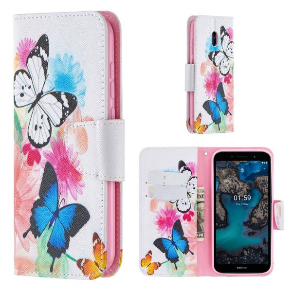 Wonderland Nokia C1 Plus Flip Etui - Livlige Sommerfugle Multicolor