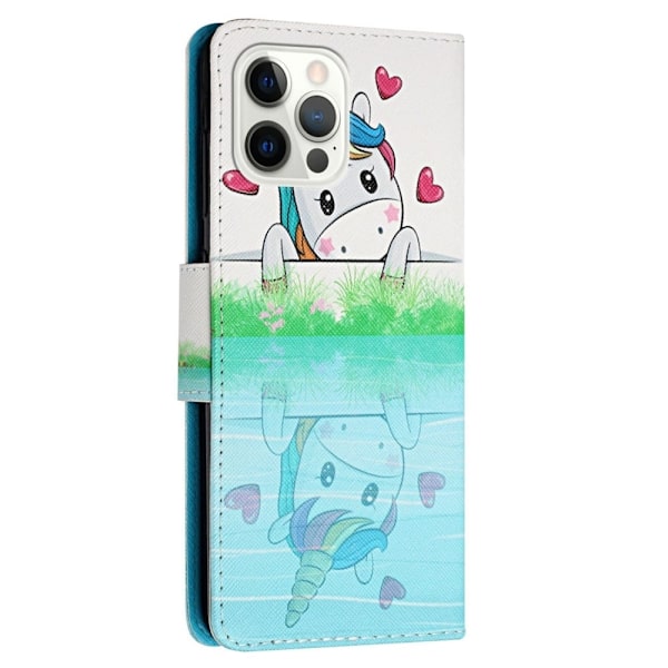 Wonderland iPhone 14 Pro Max flip etui - Hjerteform / Hest Blue