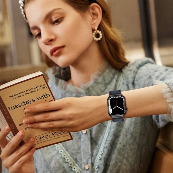 Apple Watch Series 8 (45mm) / Watch Ultra nylon ja naudannahkainen kellonhihna - Sininen / Musta Solki Blue