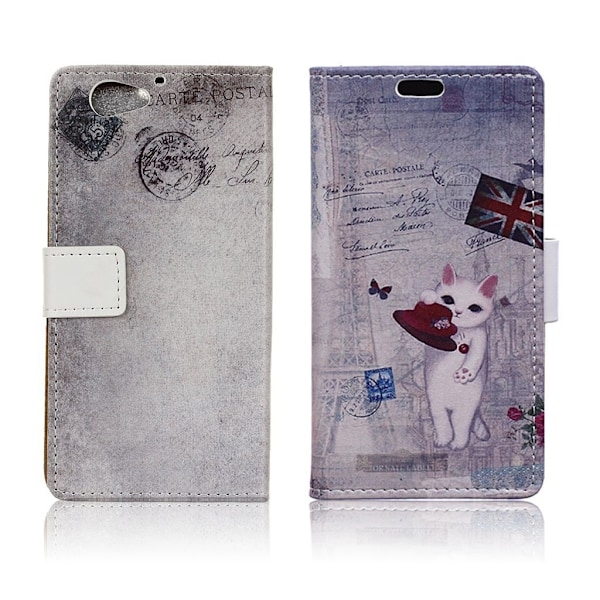 HTC A9s holdbart læder-etui m. kortholder - Kat med hat og engelsk flag Multicolor