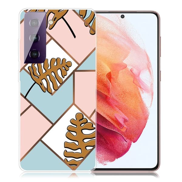 Marble Samsung Galaxy S21 Etui - Toon Leaves i Pink og Blue Multicolor