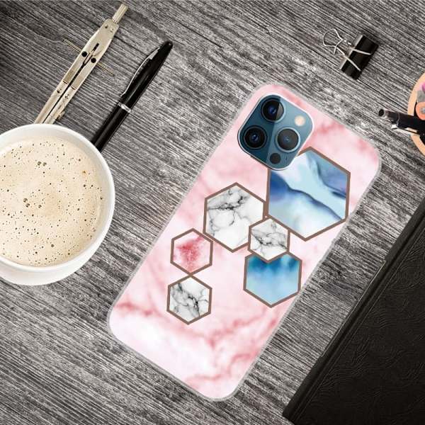 Marble iPhone 15 Plus Etui - Sekskant Fragment Marmor Pink