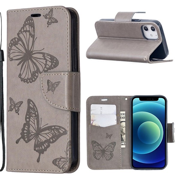 Butterfly iPhone 12 Mini Flippetui - Grå Silver grey