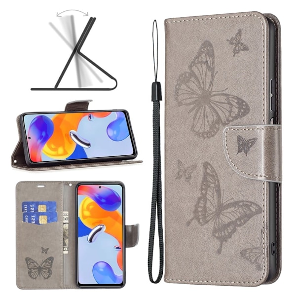 Butterfly Xiaomi Redmi Note 11S 5G / Xiaomi Redmi Note 11 Pro nahkakotelo - Harmaa Silver grey