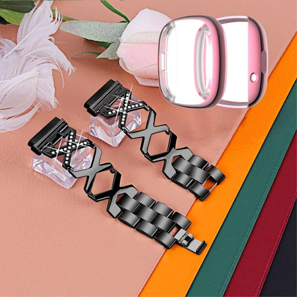 Fitbit Sense / Versa 3 X-formet urrem med rhinestone-dekor og lyserødt cover - Sort Black