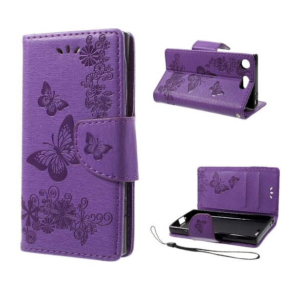 Sony Xperia XZ1 Compact perhoskuvioitu nahkakotelo - Violetti Purple