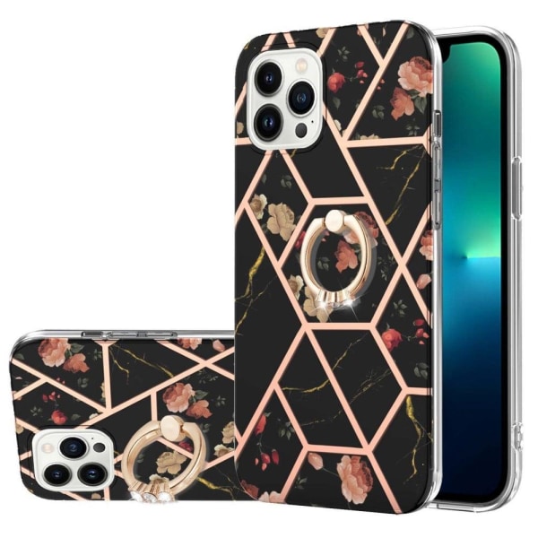 Marble Patterned Suojakuori With Ring Holder For iPhone 14 Pro Max - Black Flowers Black