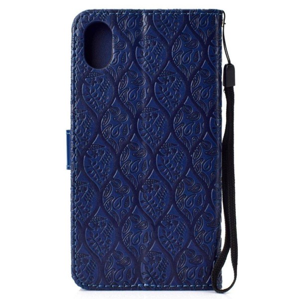 iPhone Xs Max flip cover i læder med bladtryk - Mørkeblå Blue