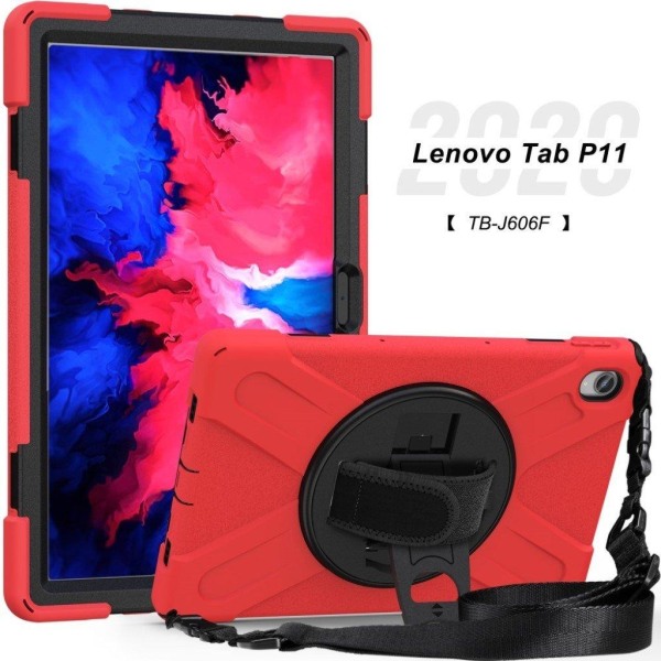 Lenovo Tab P11 360 vridbart stöd med rem + silikonfodral - Röd Röd