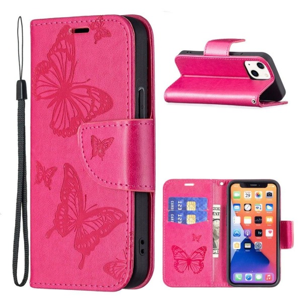 Butterfly läder iPhone 13 fodral - Rosa Rosa