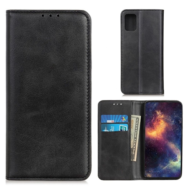 Lompakko-style Aitoa Nahkaa Läppäkotelo For Samsung Galaxy A02s - Musta Black