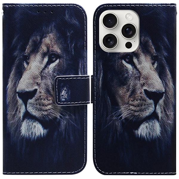 iPhone 16 Pro Etui med pung Pattern Print Leather Phone Cover - Løve Black