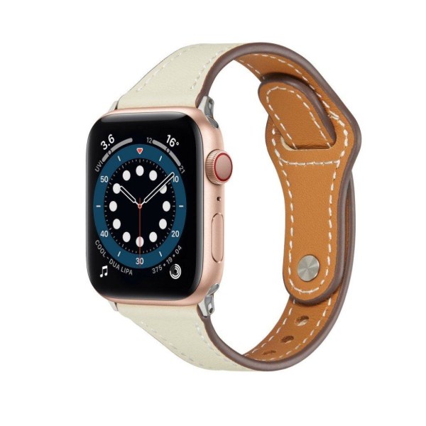 Apple Watch 42mm - 44mm smalt klockarmband i äkta läder med nitdesign - Beige Brun