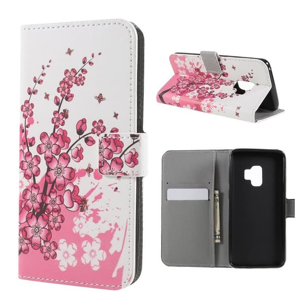 Samsung Galaxy S9 Etui laget av kunstlær og silikon - Rosa blomster Pink