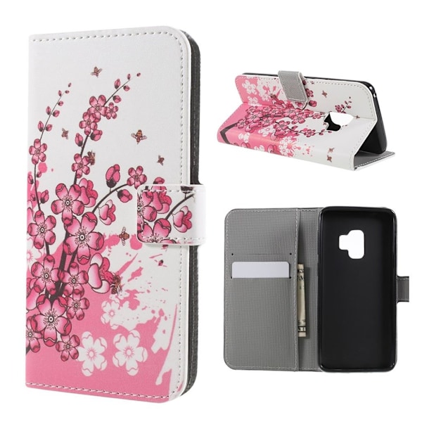 Samsung Galaxy S9 mønstret grynet PU læder flip etui - Pink blomst Pink