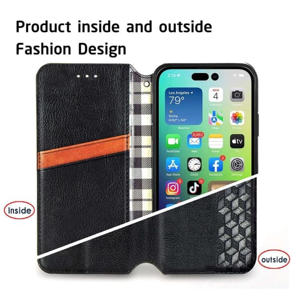 Nahkakotelo With A Stylish Rhombus Imprint For iPhone 14 Plus - Musta Black