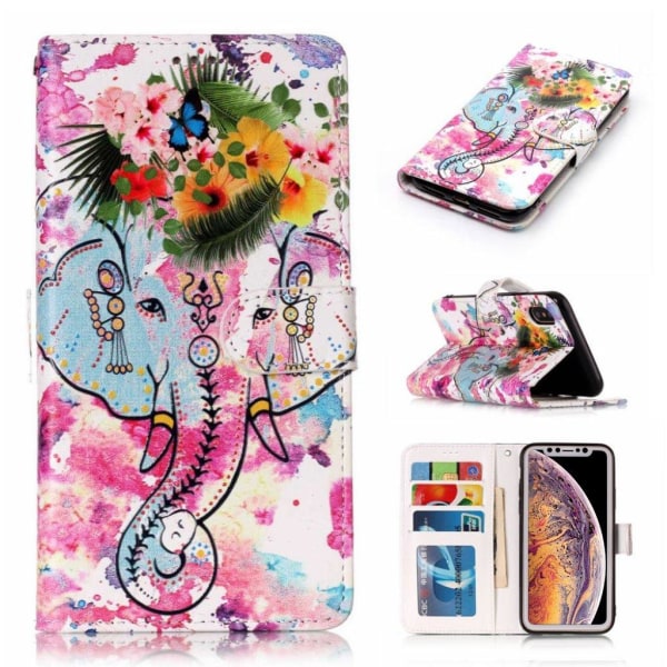 iPhone Xs Max flip cover i læder med præget mønster - Elefant Multicolor