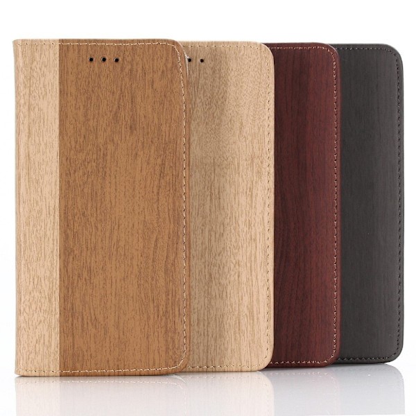 iPhone Xs Max flip cover i læder med træstruktur - Brun Brown