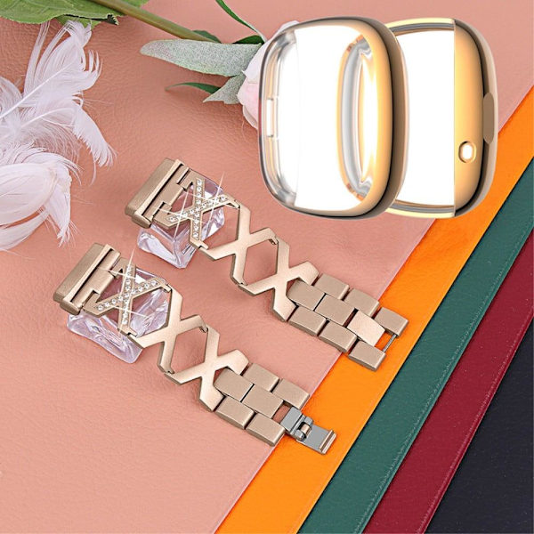 Fitbit Sense / Versa 3 X-formad strassdekor klockarmband med roséguldfodral - Guld Guld