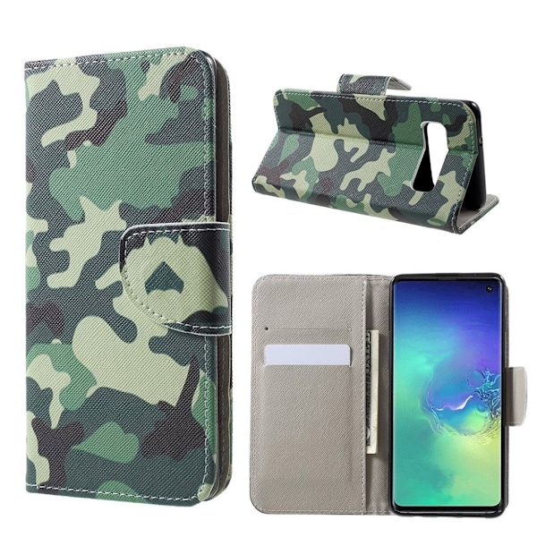 Samsung Galaxy S10 risti pintainen nahkainen flip suojakotelo - Camouflage Green