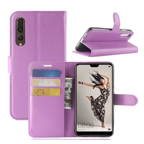 Huawei P20 Pro litchi tekstur PU læder flip etui - Lilla Purple