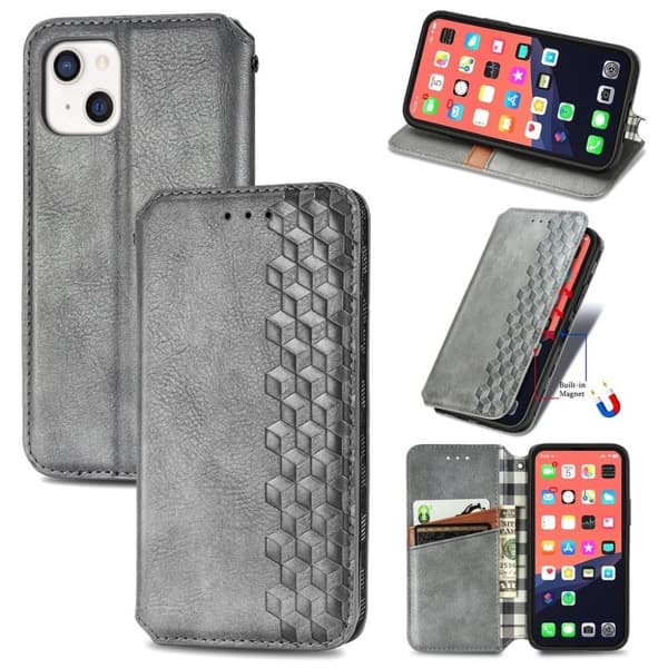 Läder iPhone 13 Mini fodral med romb-design - Silver/Grå Silvergrå