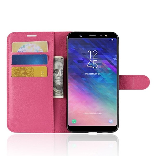 Samsung Galaxy A6 Plus mobiletui i kunstlæder med Litchi overflade. Indbygget pung og stander - Rosa Pink