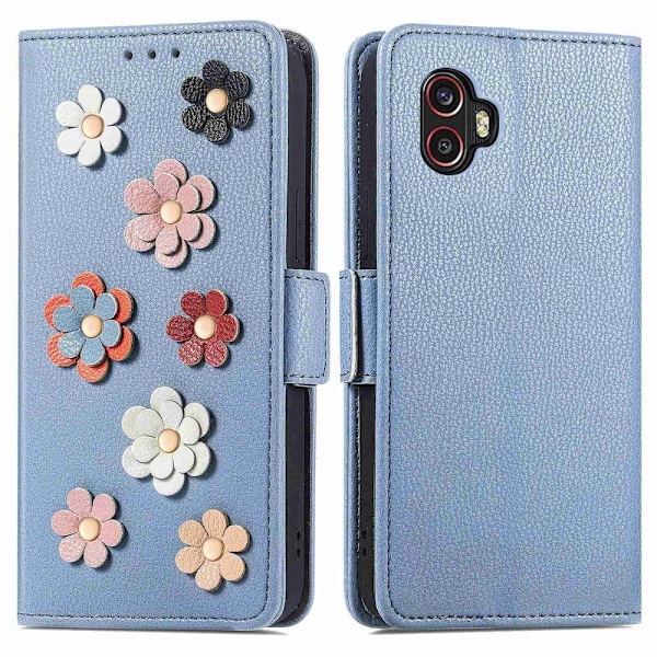 Mjukt läder Samsung Galaxy Xcover 6 Pro fodral med blomdekor - Blå Blå