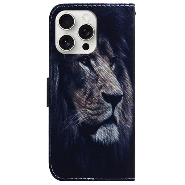 iPhone 16 Pro Etui med pung Pattern Print Leather Phone Cover - Løve Black