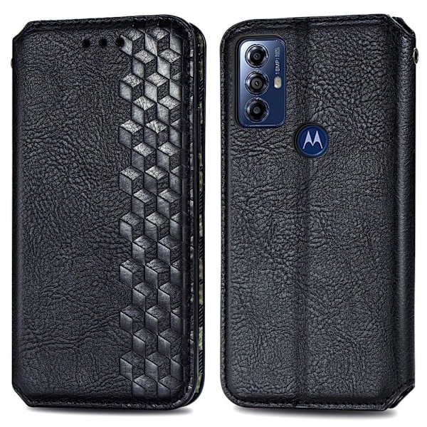 Læder Etui med A Stilfuldt Rhombus Tryk til Motorola Moto G Play (2023) - Sort Black